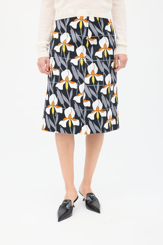 Prada Black 
Multicolour Cotton Floral Pencil Skirt