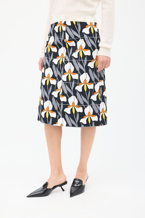 Prada Black 
Multicolour Cotton Floral Pencil Skirt