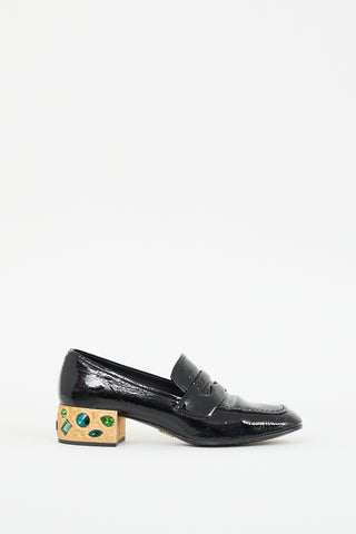 Prada Black 
Gold Patent Leather Jeweled Loafer