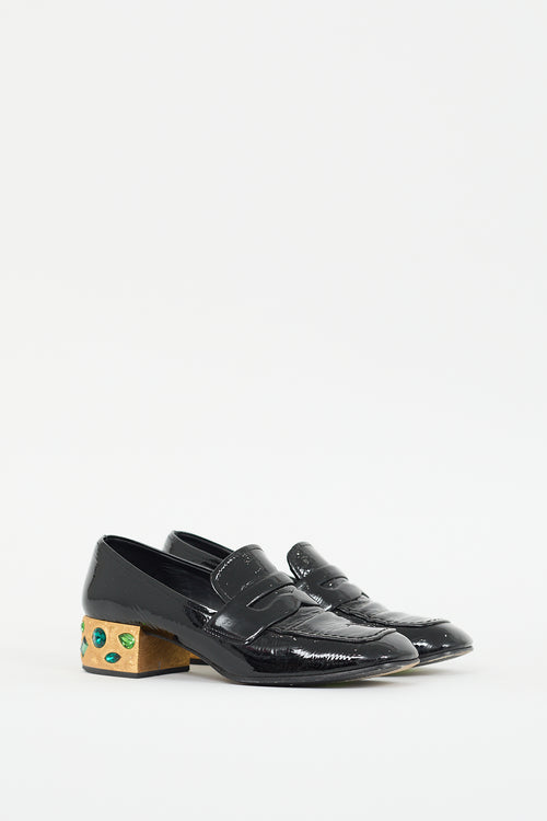 Prada Black 
Gold Patent Leather Jeweled Loafer