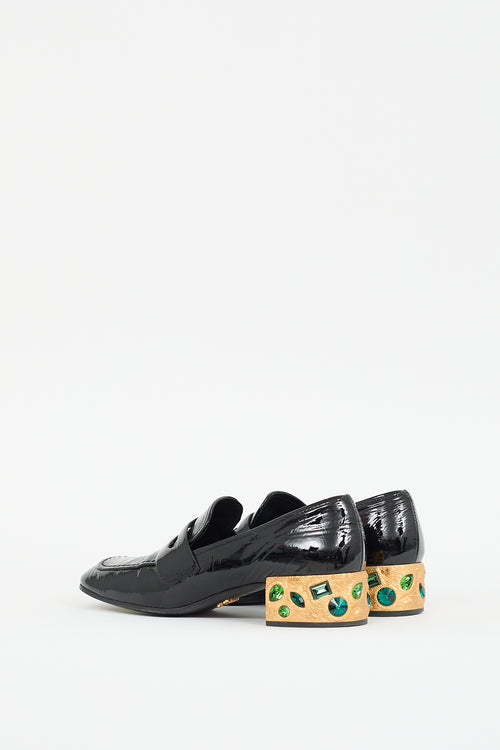 Prada Black 
Gold Patent Leather Jeweled Loafer