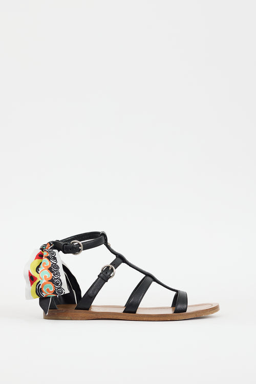 Prada Black 
Multicolour Leather Printed Tie Sandal