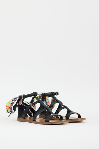 Prada Black 
Multicolour Leather Printed Tie Sandal