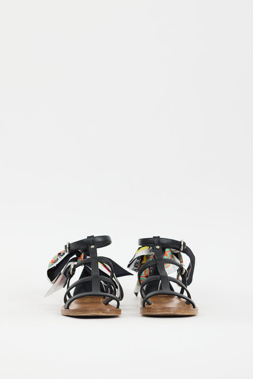 Prada Black 
Multicolour Leather Printed Tie Sandal