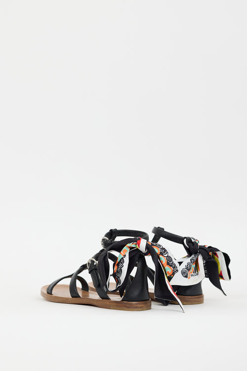 Prada Black 
Multicolour Leather Printed Tie Sandal