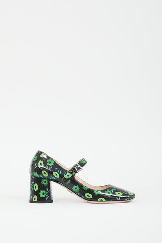 Prada Black 
Multicolour Patent Floral Mary Jane Pump