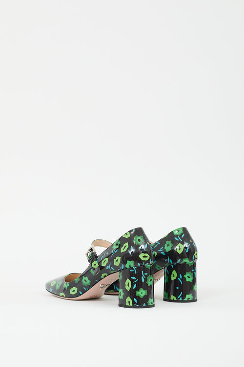 Prada Black 
Multicolour Patent Floral Mary Jane Pump