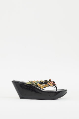 Prada Black 
Multicolour Patent Appliqué Wedge Sandal