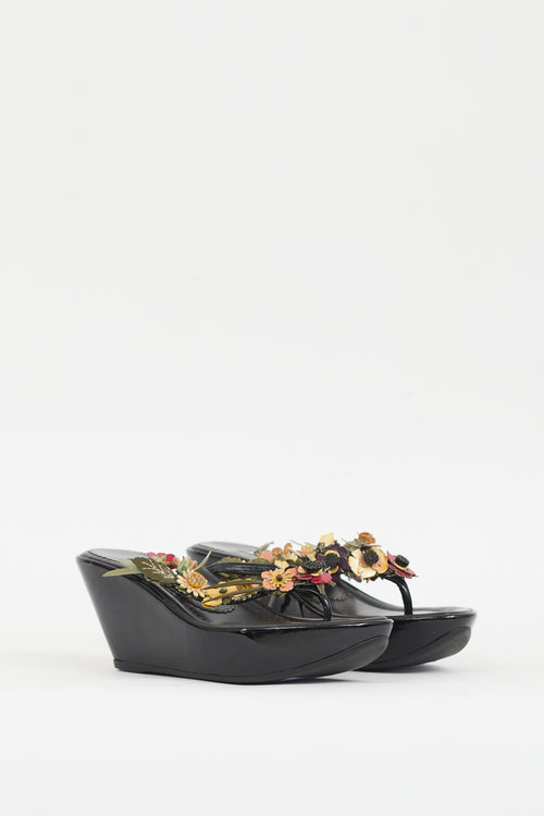 Prada Black 
Multicolour Patent Appliqué Wedge Sandal