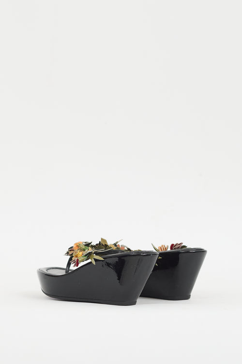 Prada Black 
Multicolour Patent Appliqué Wedge Sandal