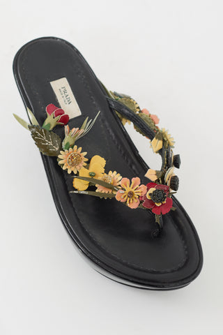 Prada Black 
Multicolour Patent Appliqué Wedge Sandal