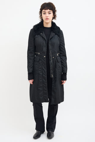 Prada Black Nylon 
Fur Collar A-Line Coat