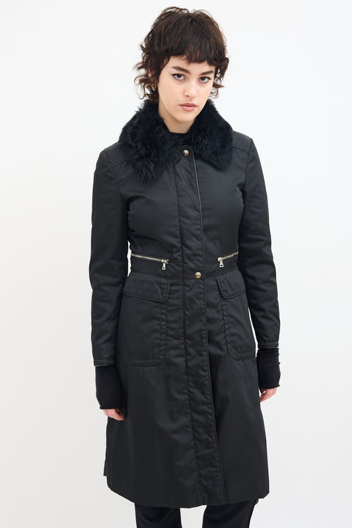 Prada Black Nylon 
Fur Collar A-Line Coat