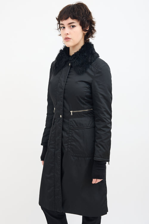 Prada Black Nylon 
Fur Collar A-Line Coat