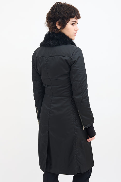 Prada Black Nylon 
Fur Collar A-Line Coat