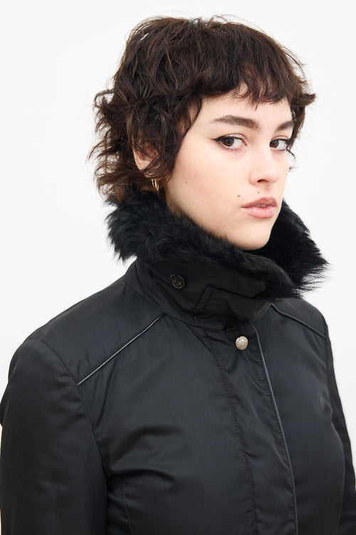 Prada Black Nylon 
Fur Collar A-Line Coat