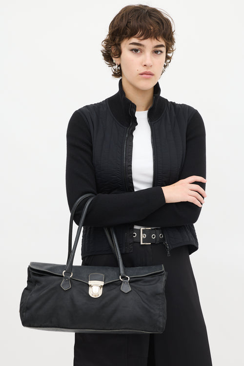 Prada Black Nylon 
Leather Long Shoulder Bag