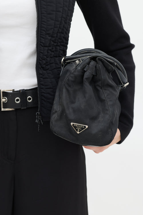 Prada Black Nylon 
Leather Long Shoulder Bag