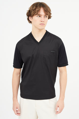 Prada Black Nylon 
Cotton V-Neck T-Shirt