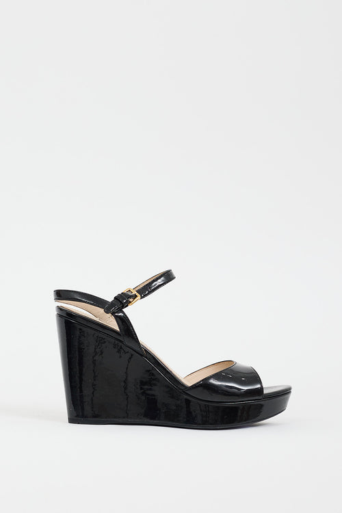 Prada Black Patent Ankle Strap Wedge Heel