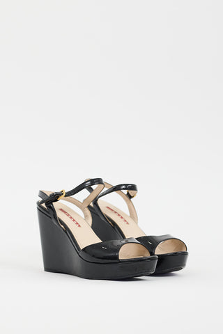 Prada Black Patent Ankle Strap Wedge Heel