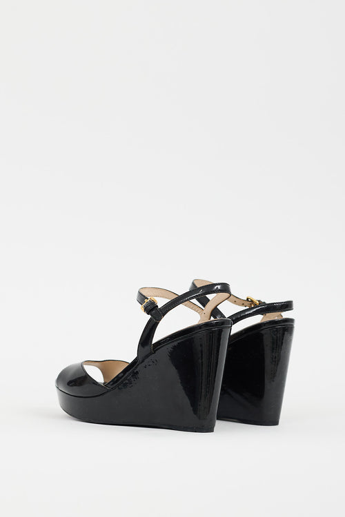 Prada Black Patent Ankle Strap Wedge Heel