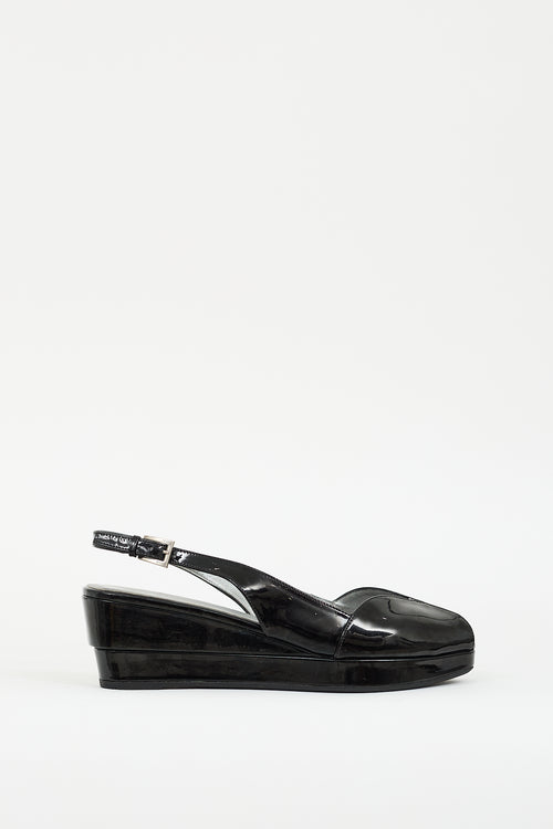 Prada Black Patent Peep Toe Wedge Sandal