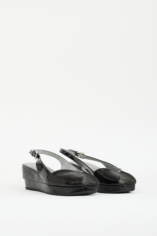 Prada Black Patent Peep Toe Wedge Sandal