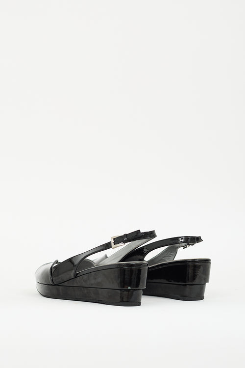 Prada Black Patent Peep Toe Wedge Sandal