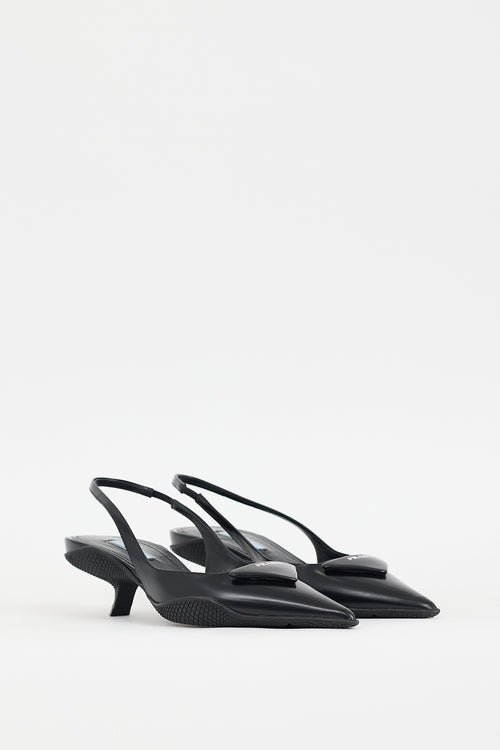 Prada Black Patent Triangle Logo Slingback Heel