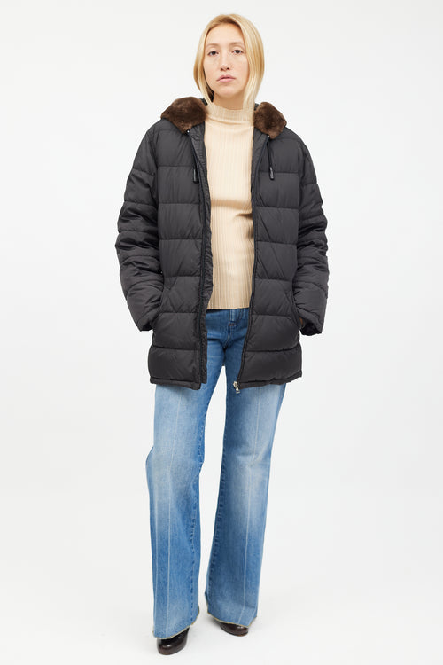 Prada Black Puffer Fur Hood Trim Jacket