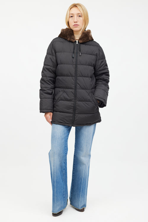 Prada Black Puffer Fur Hood Trim Jacket