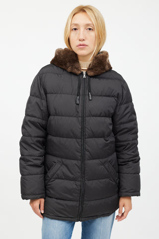 Prada Black Puffer Fur Hood Trim Jacket