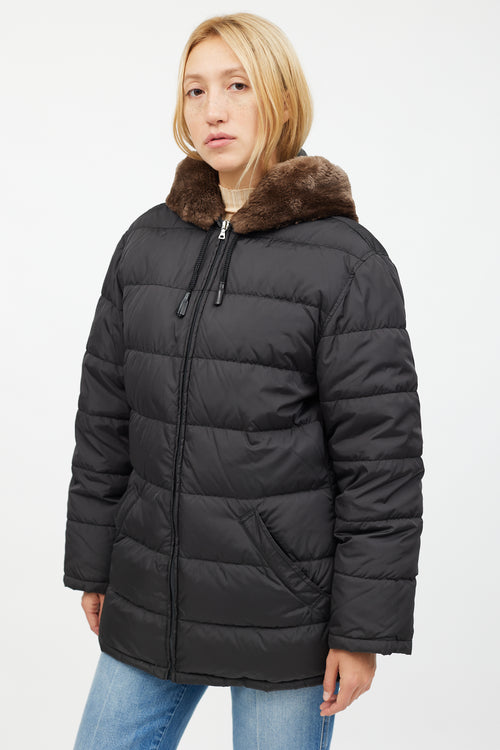 Prada Black Puffer Fur Hood Trim Jacket