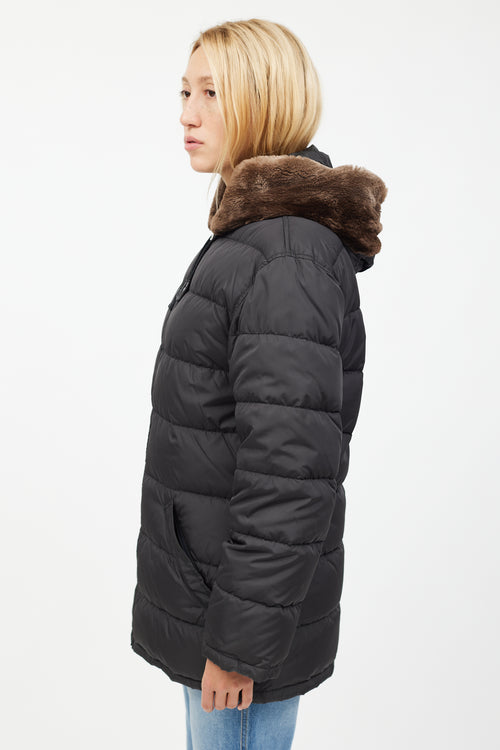 Prada Black Puffer Fur Hood Trim Jacket