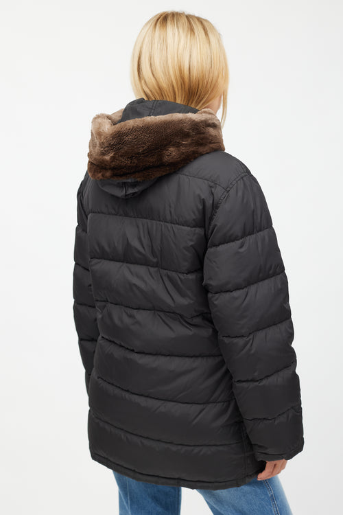 Prada Black Puffer Fur Hood Trim Jacket