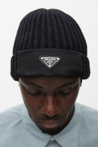 Prada Black Re-Nylon Wool Logo Beanie