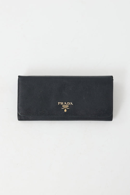 Prada Black Saffiano Leather Logo Long Wallet