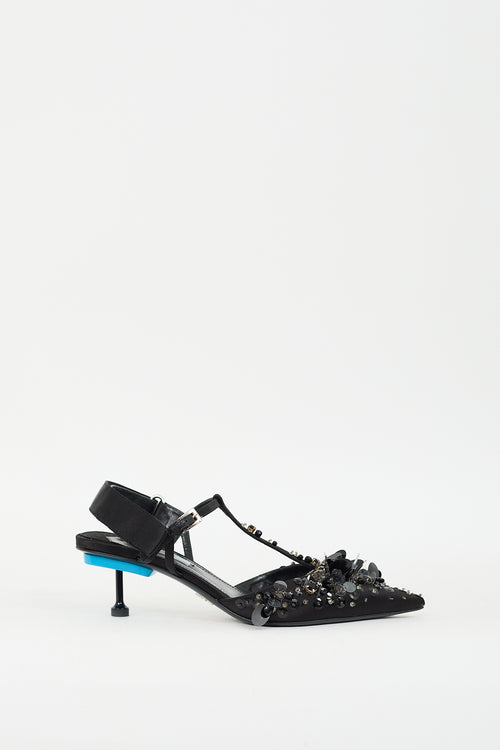 Prada Black Satin Beaded 
Sequin Pump