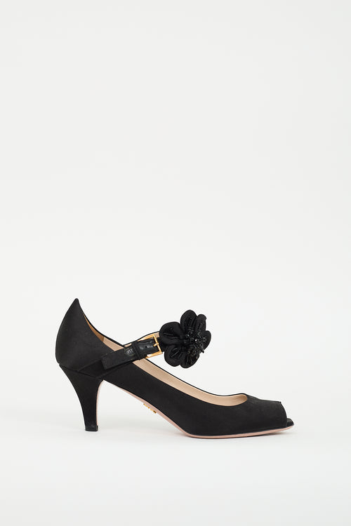 Prada Black Satin Peep Toe Mary Jane Pump