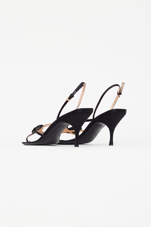 Prada Vintage Black Satin Strappy Flower Slingback Heel