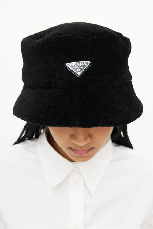 Prada Black Shearling Logo Bucket Hat