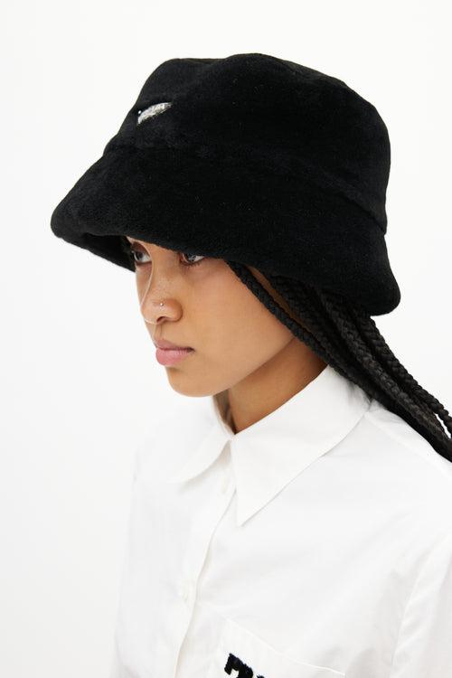 Prada Black Shearling Logo Bucket Hat