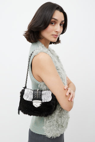 Prada Black 
Silver Faux Fur Stud Bag