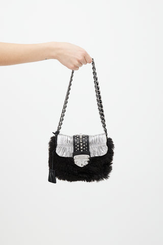 Prada Black 
Silver Faux Fur Stud Bag