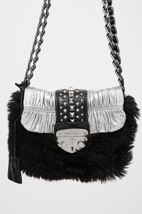 Prada Black 
Silver Faux Fur Stud Bag