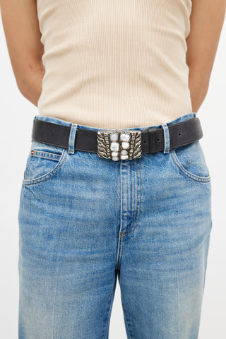 Prada Black 
Silver Leather Jewel Belt