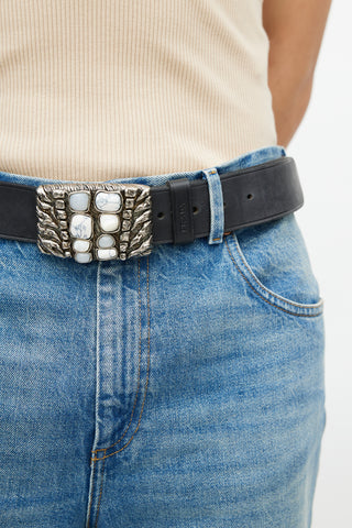 Prada Black 
Silver Leather Jewel Belt