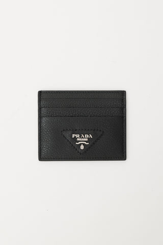 Prada Black 
Silver Leather Logo Cardholder