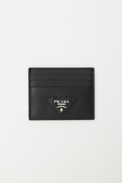 Prada Black 
Silver Leather Logo Cardholder